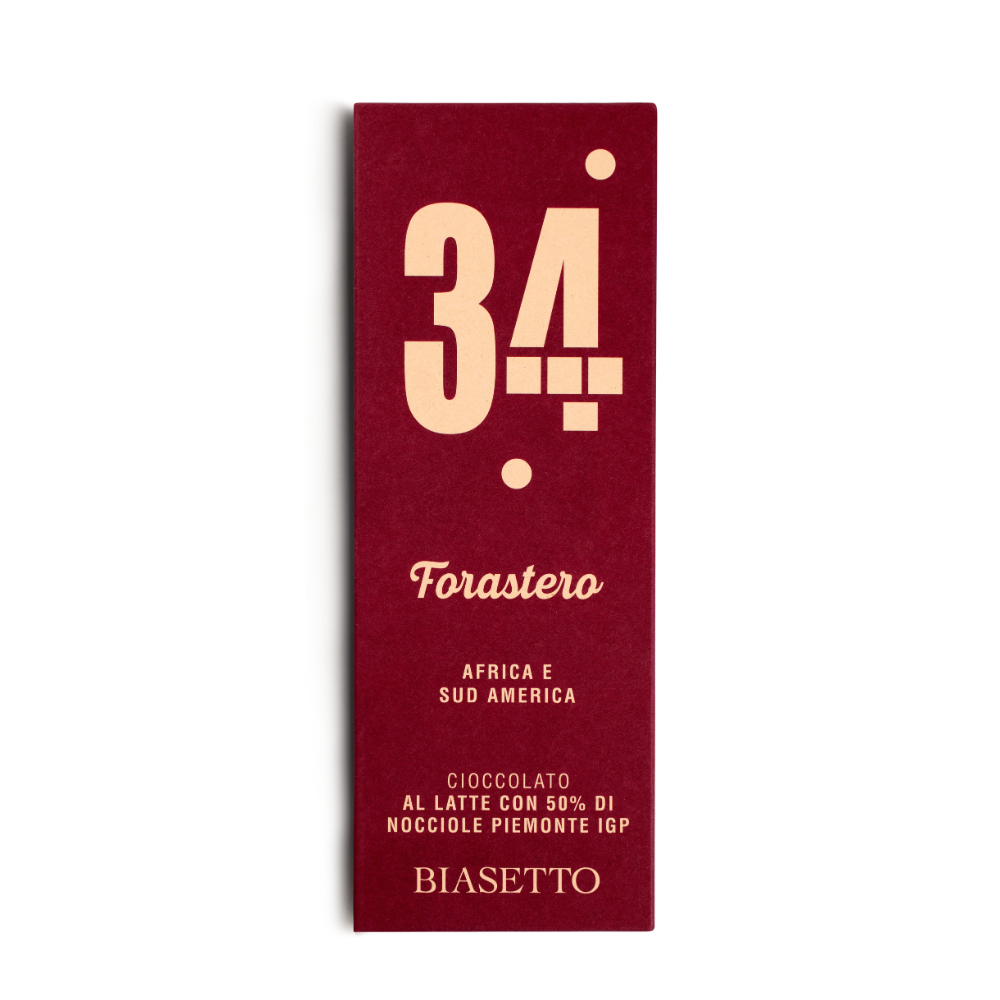 34% Forastero - Africa e Sud America - Cioccolato al Latte con 50% nocciole Piemonte IGP